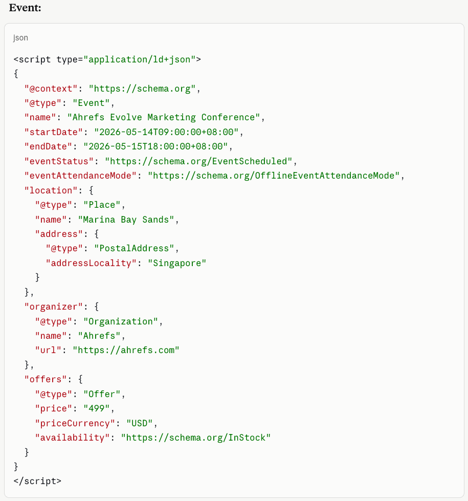 Event tipi için JSON-LD içinde startDate ve location nesnelerinin yapılandırılması.