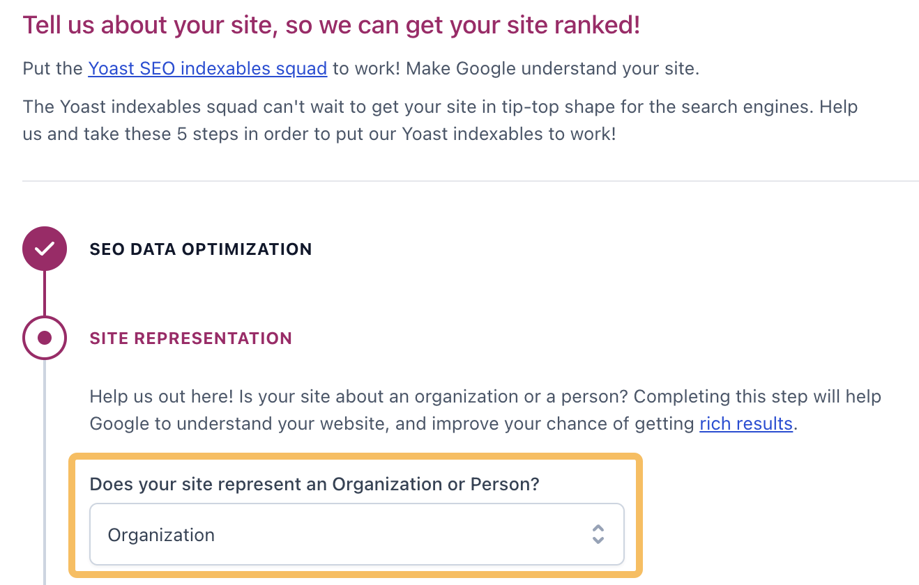 WordPress SEO eklentisi kurulum ekranında Organization ve Person şema türlerinin seçimi.