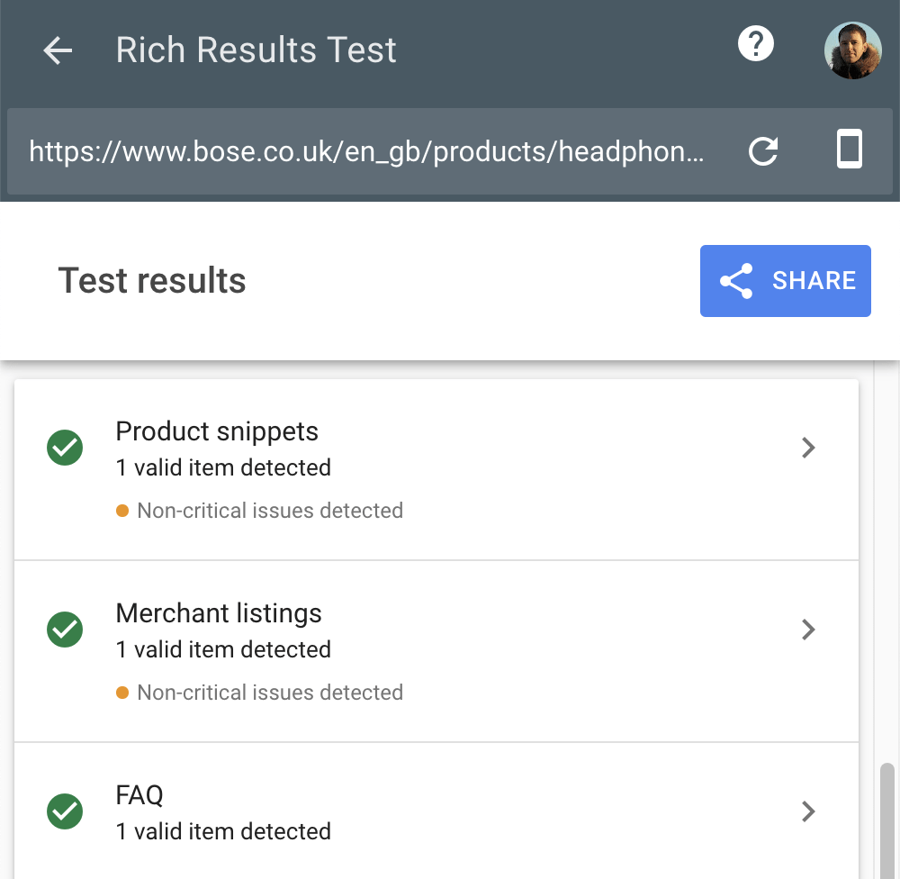 Google Zengin Sonuçlar Testi aracında sayfa URL’si için yapılandırılmış veri doğrulama ekranı.