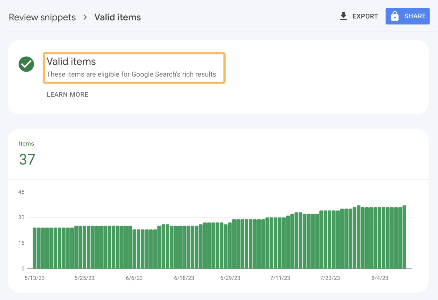 Search Console yapılandırılmış veri raporunda geçerli öğe sayısı ve uyarıların özeti.