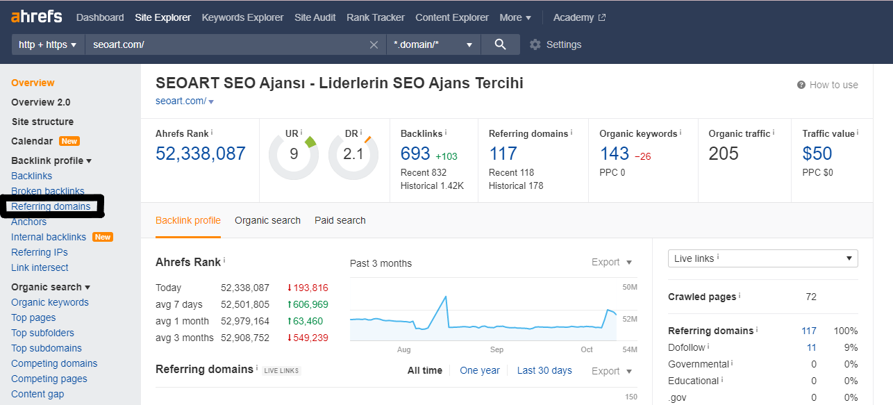 Ahrefs Referring Domains sekmesi.