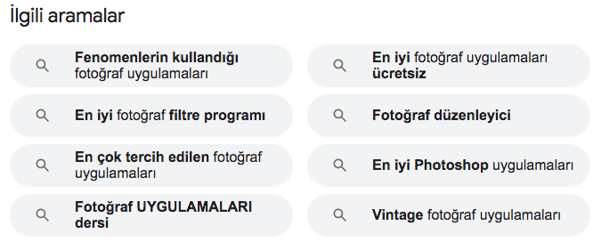 Google SERP alt kısmında İlgili aramalar bölümü, fotoğraf uygulamaları ile ilgili öneriler.
