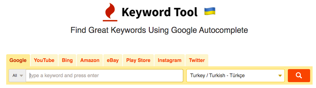 Keyword Tool arayüzü: platform sekmeleri, arama kutusu ve Türkiye Türkçe dil seçimi.
