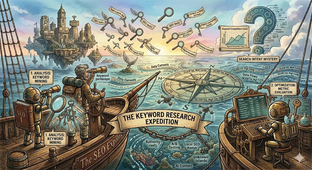 The Keyword Research Expedition — SEO Explorer gemisi, veri denizinde anahtar kelime keşfi metaforu illüstrasyonu.
