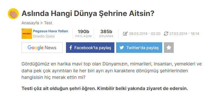 Onedio quiz içerik örneği ekran görüntüsü.