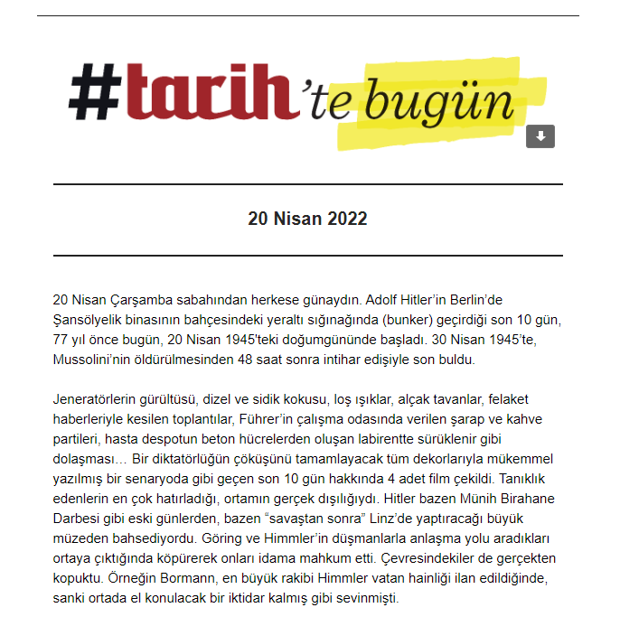 Tarihdergi.com #tarihte bugün e-posta bülteni örneği.