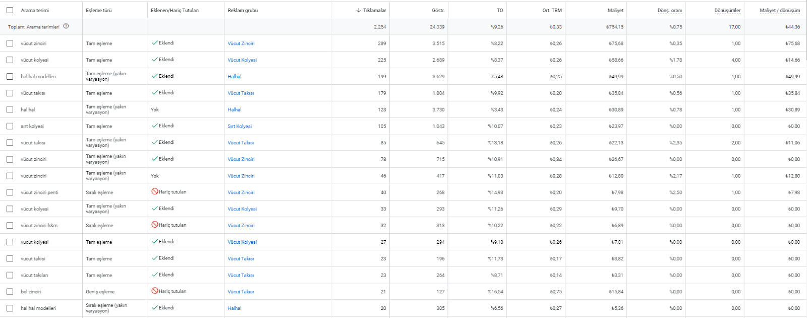 Google Ads arama terimleri raporu ekran görüntüsü örneği.