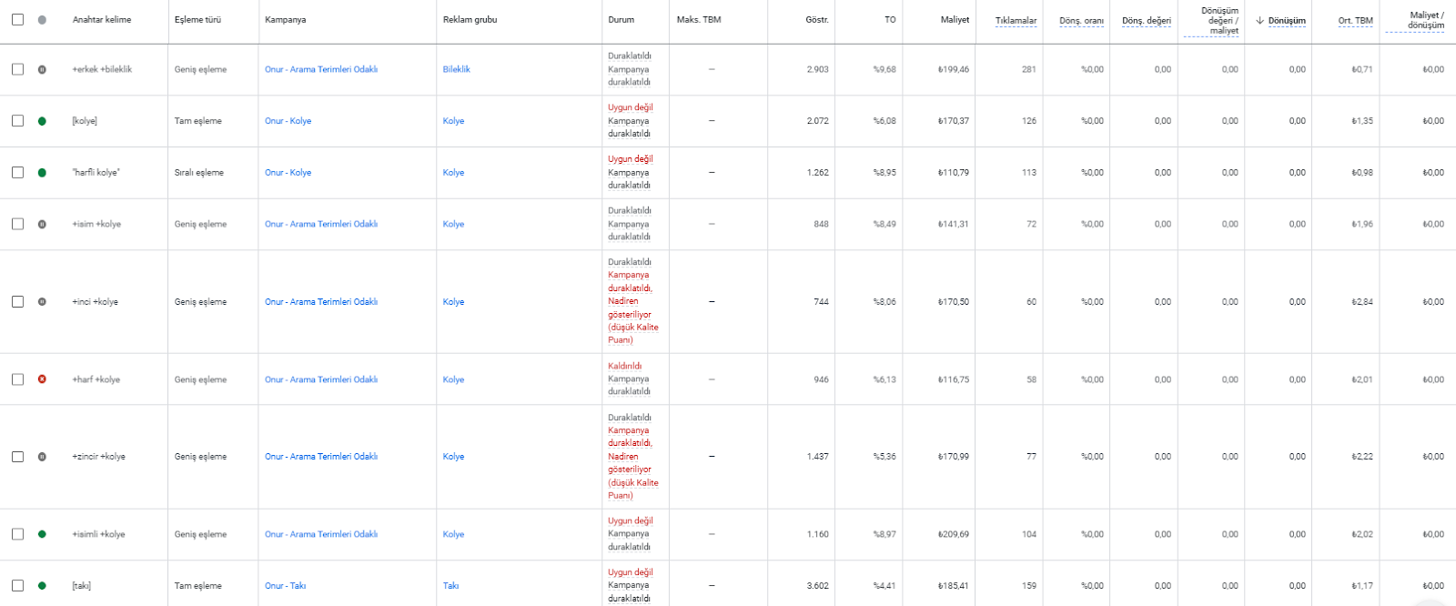 Google Ads anahtar kelime raporunda dönüşüm ve TBM alanları ekran görüntüsü.