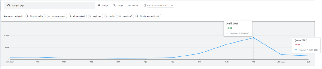Google Keyword Planner aylık arama hacmi grafiği örneği.