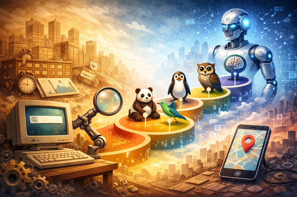 Google algoritma evrimi: klasik aramadan yapay zekâ destekli sonuçlara geçiş illüstrasyonu.