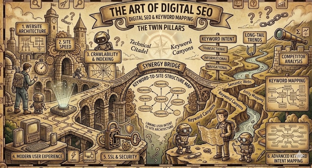The Art of Digital SEO: teknik kale, anahtar kelime vadileri ve kullanıcı niyetini site mimarisine bağlayan köprü — dijital SEO ve performans metaforları (INP ve Core Web Vitals rehberi kapak görseli).