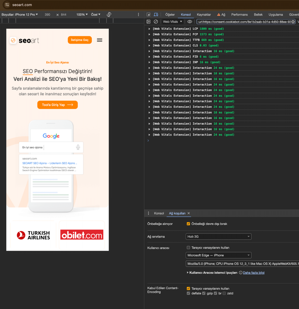 Chrome geliştirici konsolunda Web Vitals eklentisi ile INP çıktısı örneği.