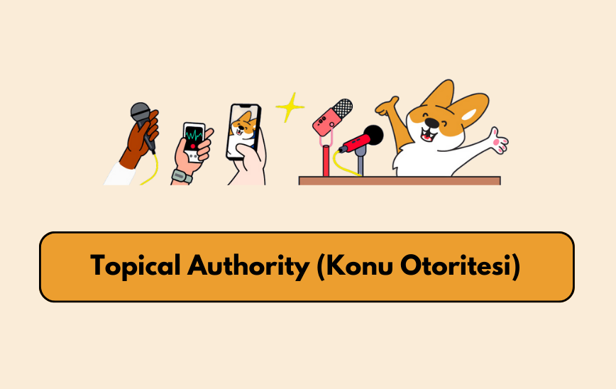 Topical Authority (Konu Otoritesi): basın toplantısında konuşan köpek illüstrasyonu — konuda güvenilir kaynak metaforu.