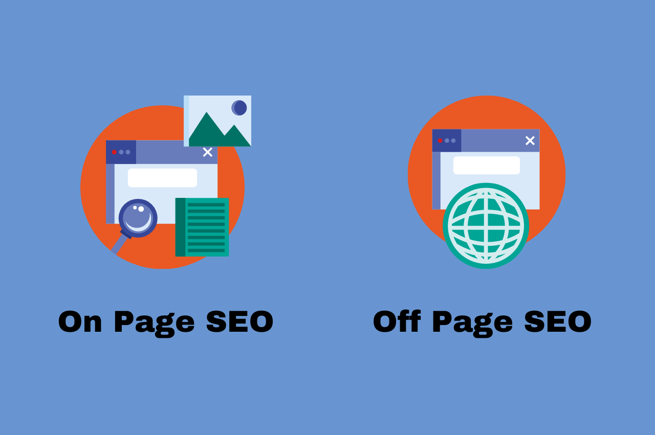 On-page ve off-page SEO bileşenlerini özetleyen karşılaştırma görseli.