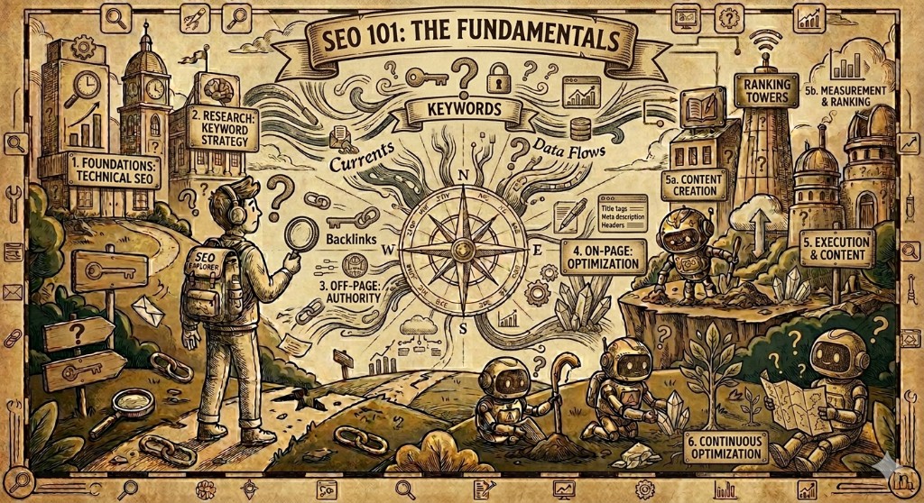 SEO 101: Temeller — pusula, anahtar kelimeler, geri bağlantılar ve içerik yolculuğu illüstrasyonu.
