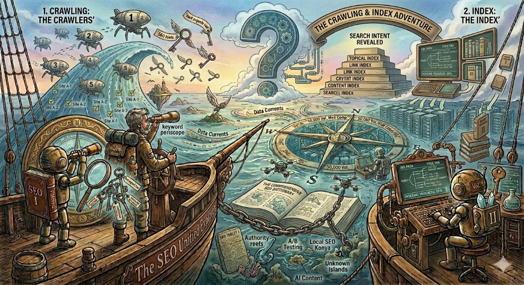 The Crawling & Index Adventure — SEO gemisi, tarama ve dizin metaforu illüstrasyonu.